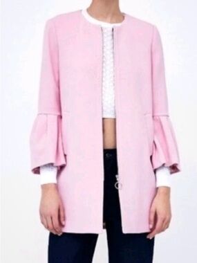 Zara Woman Pink Ruffle Bell Sleeve Coat Lined Full Zip Size L Peacoat
